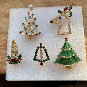 Set of Five  Holiday Brooches with Gold and Green Accents